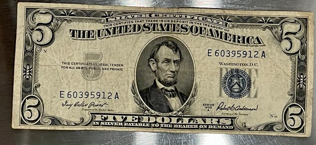 1953-A $5 Silver Certificate Blue Seal Dollar Bill (PM121)