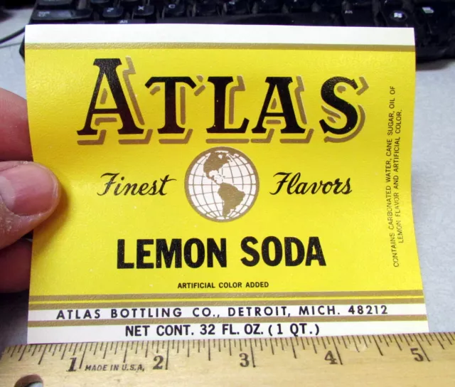 Vintage Original UNUSED Label Atlas Lemon soda, bottled in Detroit Michigan