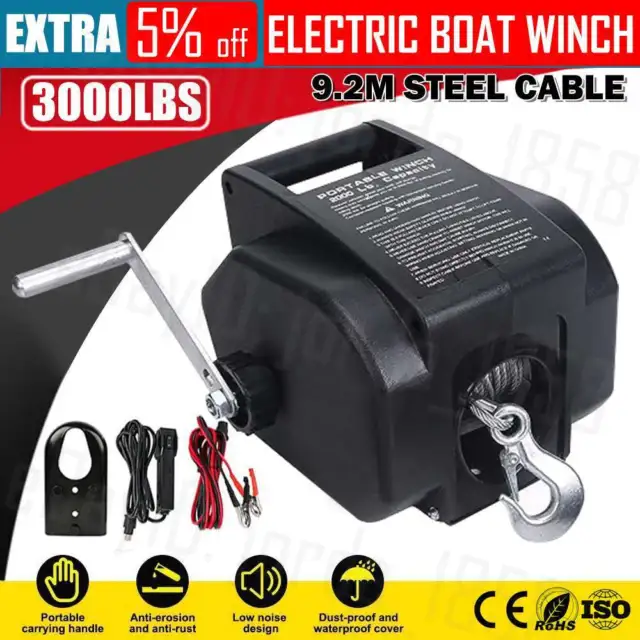 3000lbs 1361kg Electric Boat Winch 12V Portable Detachable Marine Trailer Winch