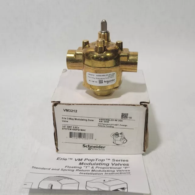 Erie 3-Way Modulating Zone VM3212 Valve 1/2" Swt 2.0Cv System 400PSI Max, Brass