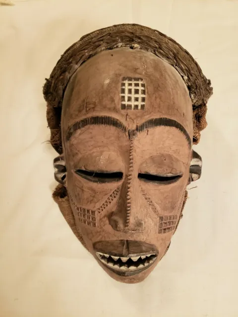 Stunning Hand Carved Wooden Pende Tribal Mask with Woven Hood African D.R.Congo