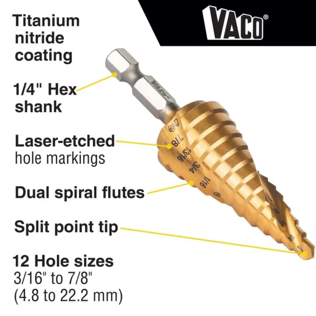 Klein Tools 25962 Step Drill Bit, Spiral Double-Fluted, 3/16" to 7/8", VACO 2
