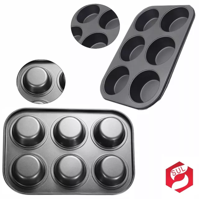 Set of 2 Muffin Cupcake Bun 6 Cup Oven Trays Tins Non Stick Yorkshire Pudding UK