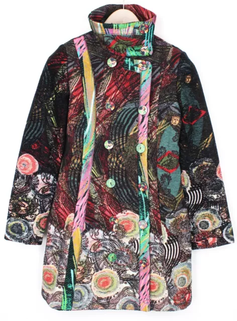 Desigual Natalia Femme Manteau EU38 Noir Laine Mix Deux Rangs mi-Longueur Brodé