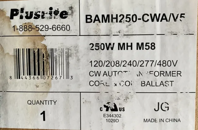 Plusrite BAMH250-CWA/V5 Core & Coil Ballast New Open Box