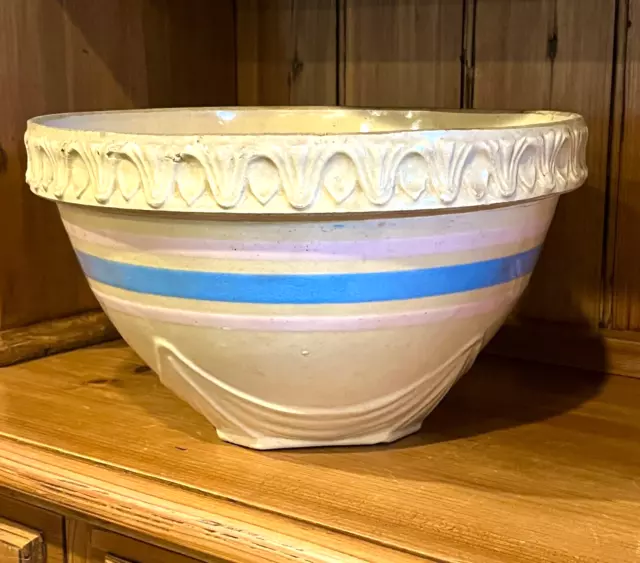 HUGE Vtg Country Farmhouse Stoneware Yellow/ Blue Glaze 10" Mixing Bowl
