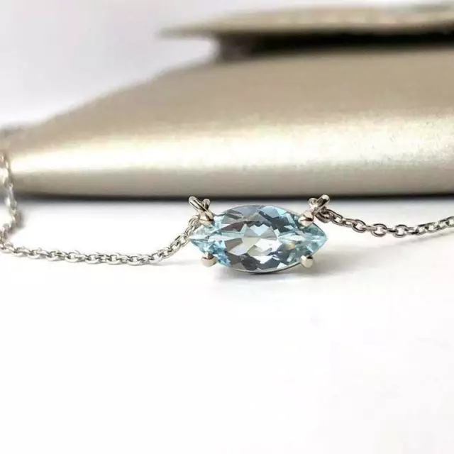 1ct Simulated Aquamarine Pendant with Chain Solitaire 14k White Gold Plated