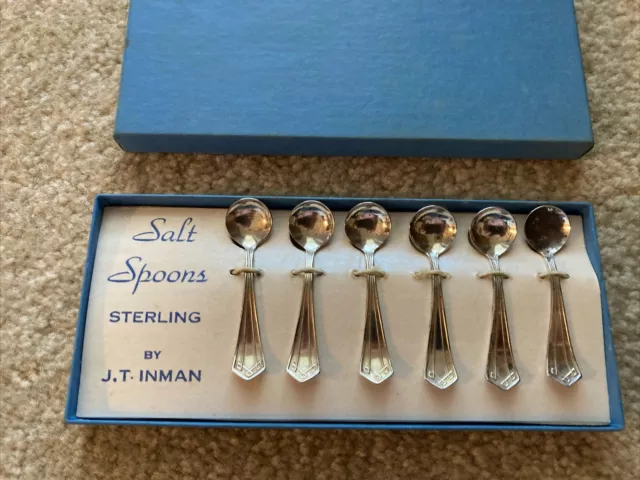 Set of  6 Vintage Antique J T Inman Sterling Silver Plain Salt Cellar Spoons