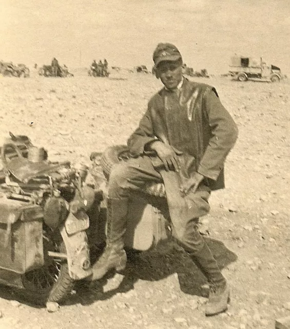 PORT. PHOTO: BEST! Wehrmacht Afrika Korps Soldier w/ Motorcycle; BARDIA ...