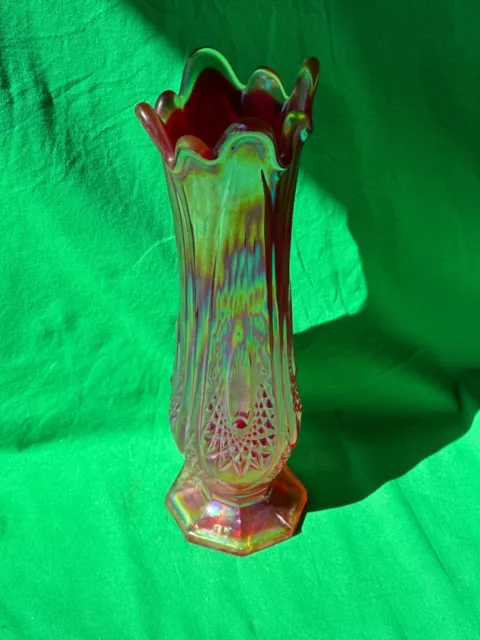 Vintage 11" Tall Marigold Orange Carnival Glass Vase Asymmetrical Top Iridescent