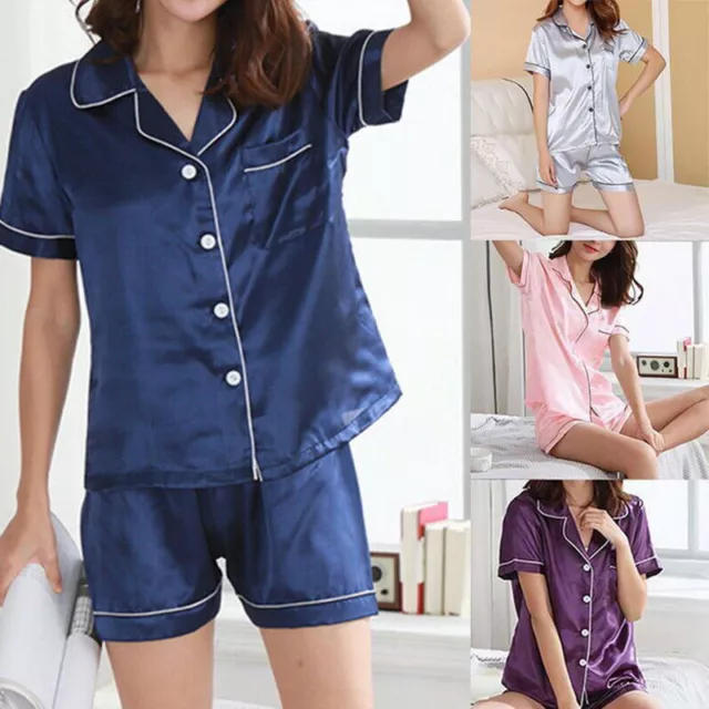 Ladies Satin Pyjamas PJs Nightwear Set Womens Silk Short Sleeve Button Sleepwear