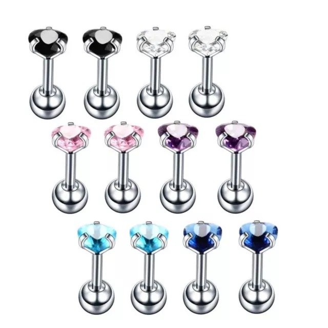 12pcs Heart CZ Stainless Steel Stud Earrings for Men & Women