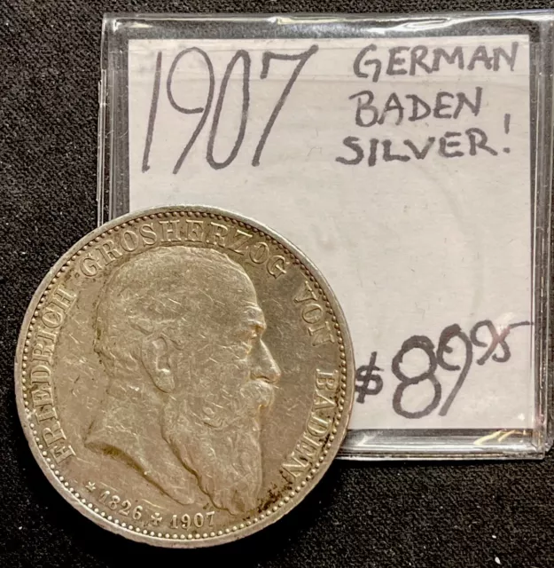 1907 German Empire Baden 5  Mark (Death Of Frederick) Silver World Coin.