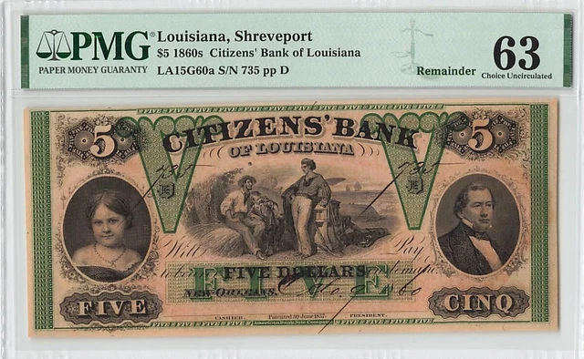 United States (Louisiana, Shreveport) 5 Dollars 1860 PMG 63