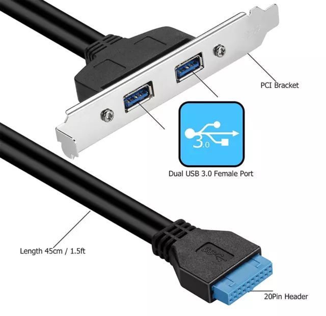 2 Port USB3.0 Femelle 20Pin Tête montage du panneau arrière PC Rallonge Câble 45 3