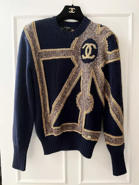 NEW 20C RUNWAY Chanel Navy Blue Gold Chain Cashmere Knit Sweater
