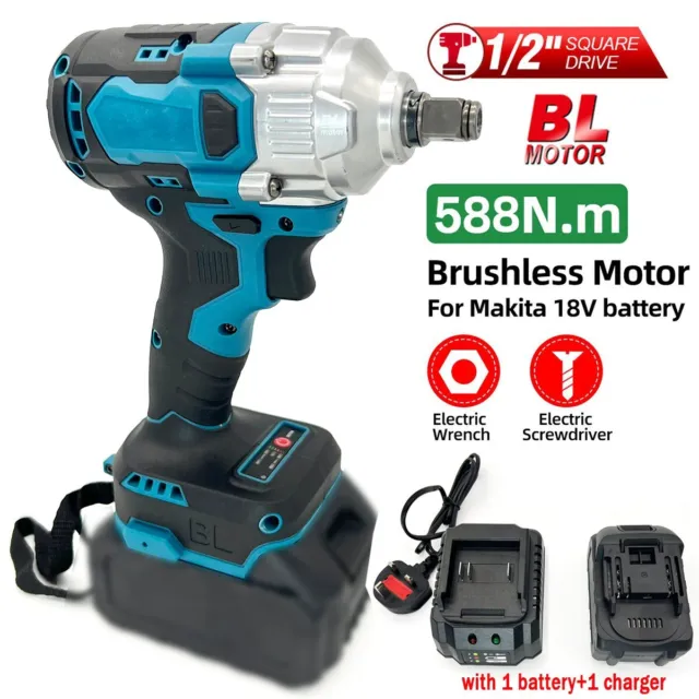 18V 1/2" Driver Cordless Impact Wrench Brushless 588NM With Two Battery +Charger
