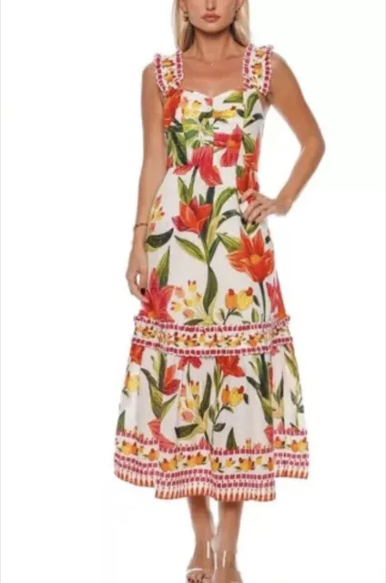 Farm Rio Cashew Garden Midi Dress Size M NWT 🏝️🌺