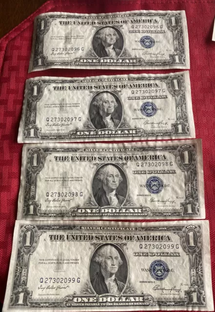 Four 1935 E Silver Certificate Blue Seal Dollar Bills- 4 Crisp Consecutive Notes