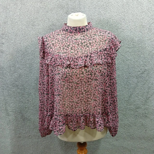 New Look Petite Black Pink Floral Top Blouse Chiffon Frill Long Sleeve Y2K Uk 16