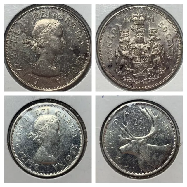 1961 Canada Silver Half Dollar & Quarter 50 Cents 25 Cents KM 52 & 56