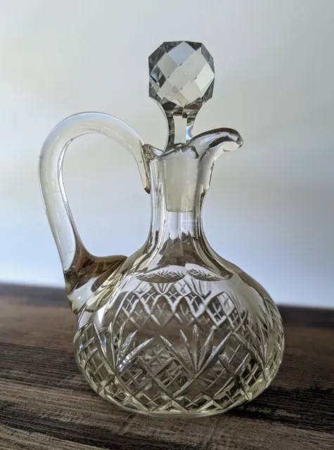 Cut Glass Fan Checkered Diamond Cut Faceted Stopper 6"H Crystal Style Decanter