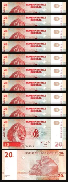 Congo 20 Francs 1997, J-Z REPLACEMENT, 10 Pcs LOT, Consecutive, UNC, P 88a, LION