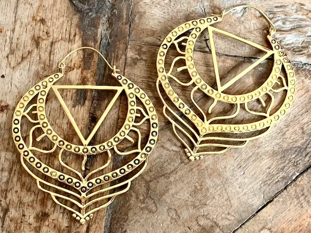 Gold Plated Ethnic Afghani Brass Hoops Boho Tribal Mandala Large Lotus Earrings
