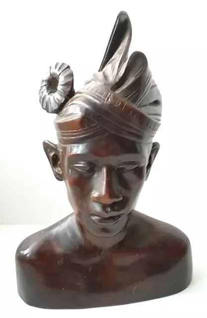 Hand Carved Solid Wooden Bust Of A Balinese Young Man