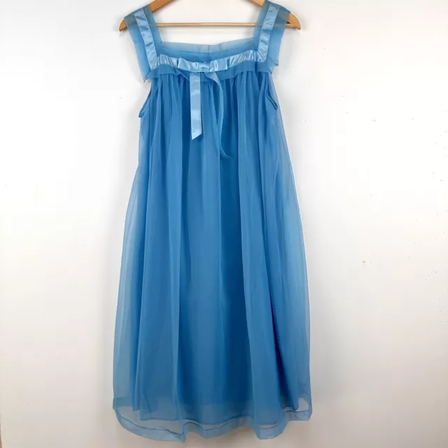 Vtg Henson Kickernick Nightgown Blue Babydoll Lined MCM Nylon Sheer Coquette 36