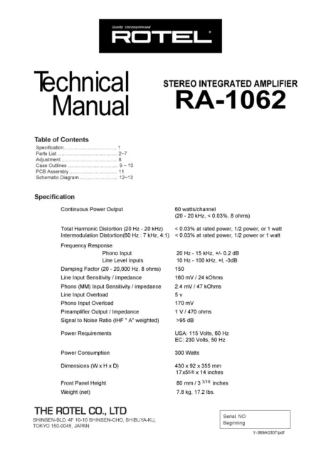 Servizio Manuale di Istruzioni per Rotel RA-1062