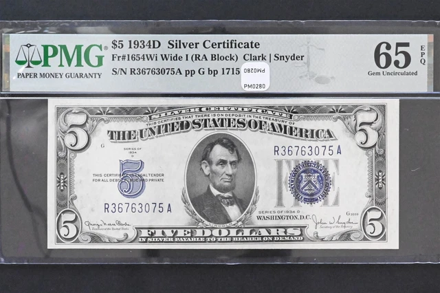 US 1934 D $5 PMG GEM 65/64 EPQ Silver Certificates 2 Concecutive Fr#1654Wi Wide