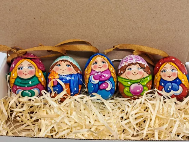Christmas tree ornaments "Boys and Girls" Handmade Ukraine Wooden eggs 5 pieces