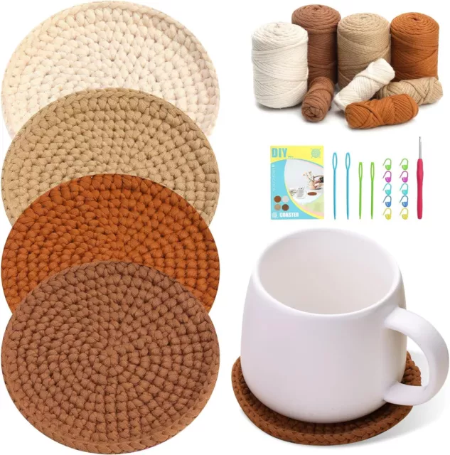 Crochet Kit for Beginners, Knitting Kit, 4Pcs Crochet Coasters Kits with Yarn