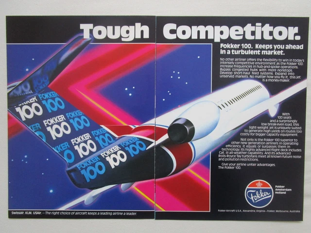 8/1986 Pub Fokker Aircraft Fokker 100 Regional Airliner Usair Klm Swissair Ad