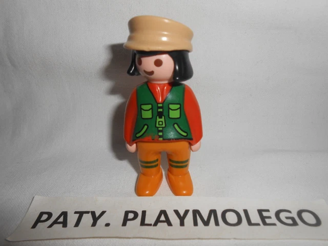 Figurine Playmobil Policier Vert Et Gris - N°29055 - Homme Avec Moustache Et Gilet Orange - Occasion