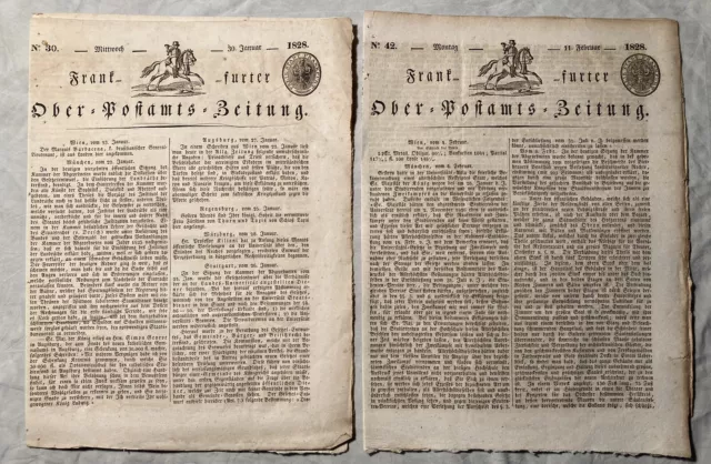 2 Exemplare Frankfurter Ober-Postamts Zeitung - 1828 Alte Zeitungen - RAR