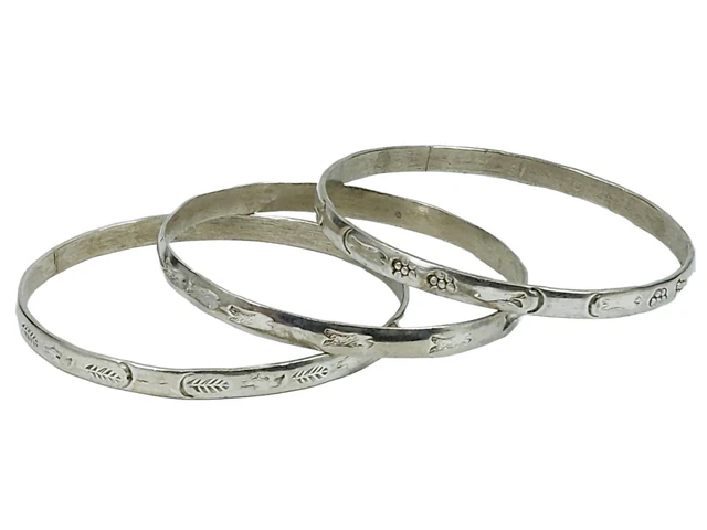 SET of 3 VINTAGE 60's TAXCO MEXICO STERLING SILVER 5 mm CHASED BANGLE BRACELET
