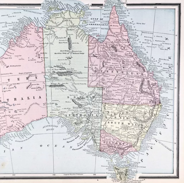 AUSTRALIA Map 1889 ORIGINAL New South Wales Queensland Victoria Western Perth