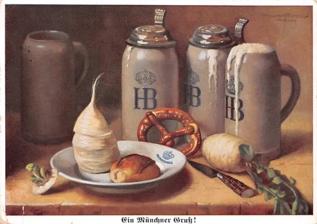 711126) AK ein Gruss aus München mit Hofbräu Bierkrügen etc.. gelaufen 1937