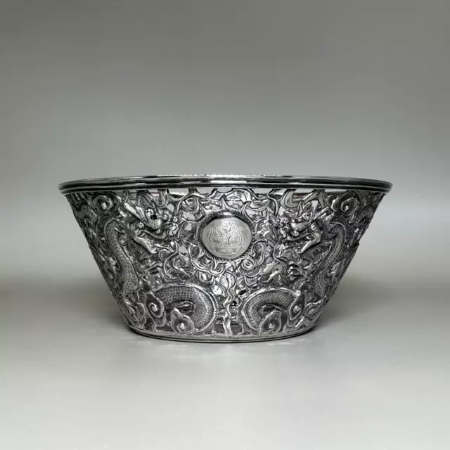 Stunning Chinese Export Silver Dragon Pierced Bowl mark Qi Ji retailer Wang Hing
