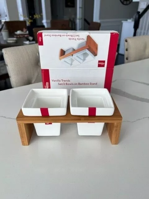 Red Vanilla Set of 2 Bowls w/bamboo Stand Condiment Bowls New in Box 7.5" x 3.5"