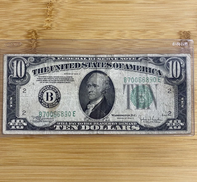1934 C $10 Light Green Seal “BIG B" New York FRN Federal Reserve Note Currency