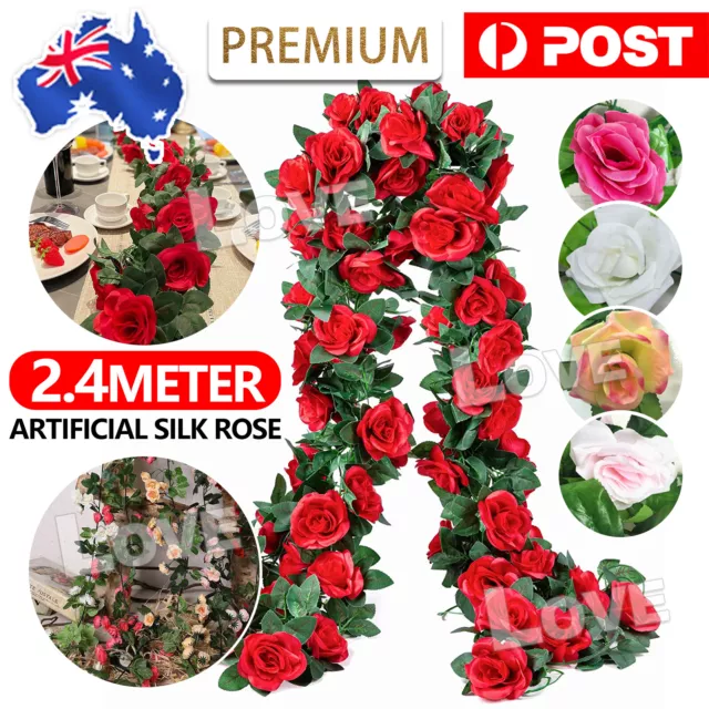 2.4M Artificial Silk Rose Flowers Fake Vine Ivy Hanging Garland Floral Wedding