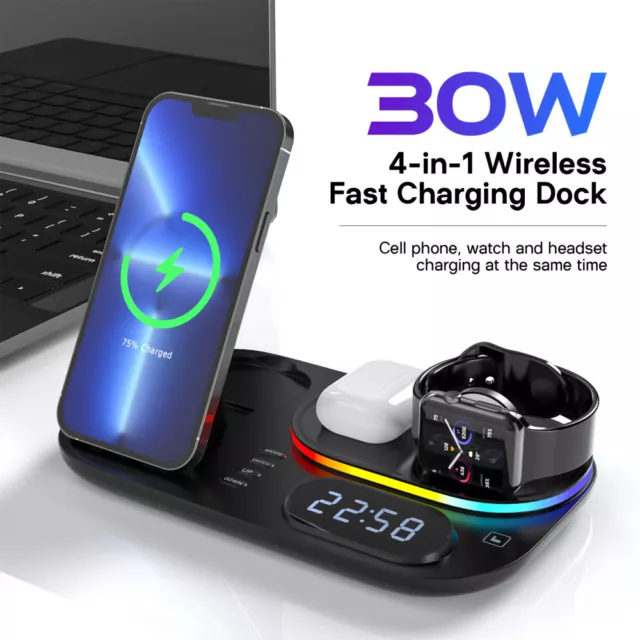 Wireless Charger Dock Charging Station Digital Clock For Watch iPhone US