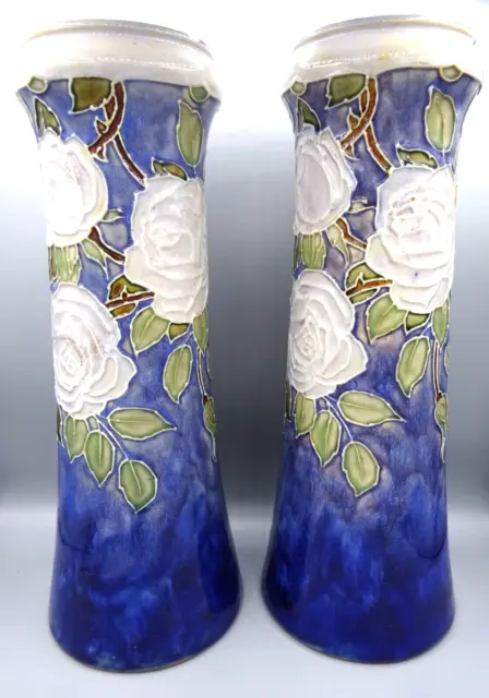 Pair Arts & Crafts Era Vases - Royal Doulton Stoneware - Roses, Maud Bowden 1920