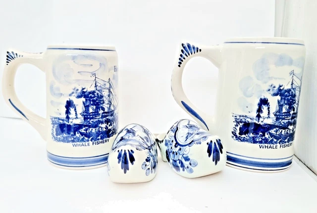 Pair of Hand Painted Blue Delft Heineken Holland Dutch Beer Stein Mugs and Clogs