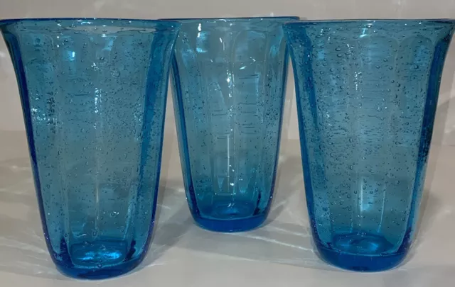 3 Colbalt blue/Green Hand-Blown Bubble Glass Highball Tumblers