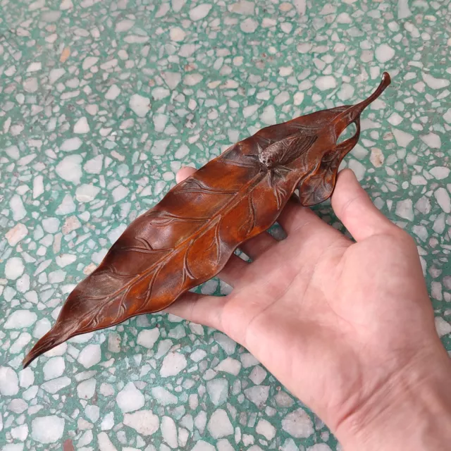 Vintage Folk Art Wood Carving Leaf Cicada Boxwood Room Decorative Sculpture Gift