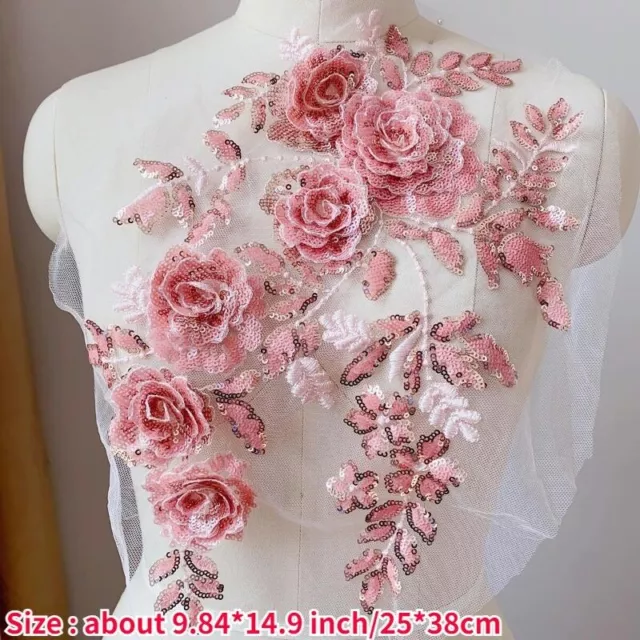 DIY 3D Sequin Floral Applique Patch Embroidery Lace Sew on Dress Gown Sew Decor